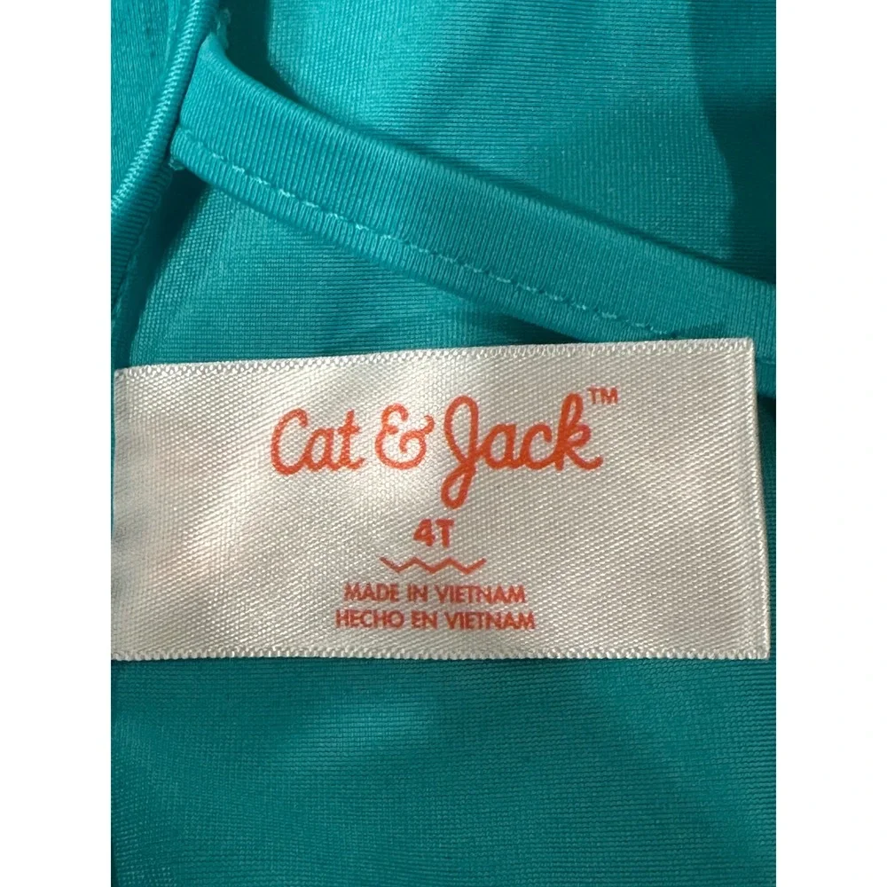 Cat & Jack Girls Teal Mermaid Swimsuit and Skirt Cover Up Set 4T Gold Foil Scale